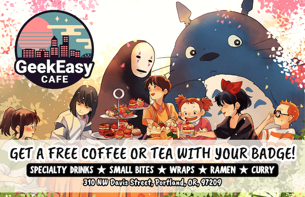 GeekEasy Cafe - Get a free coffee or tea with your badge! Specialty drinks, small bites, wraps, ramen, curry - 310 NW Davis Street, Portland, OR, 97209