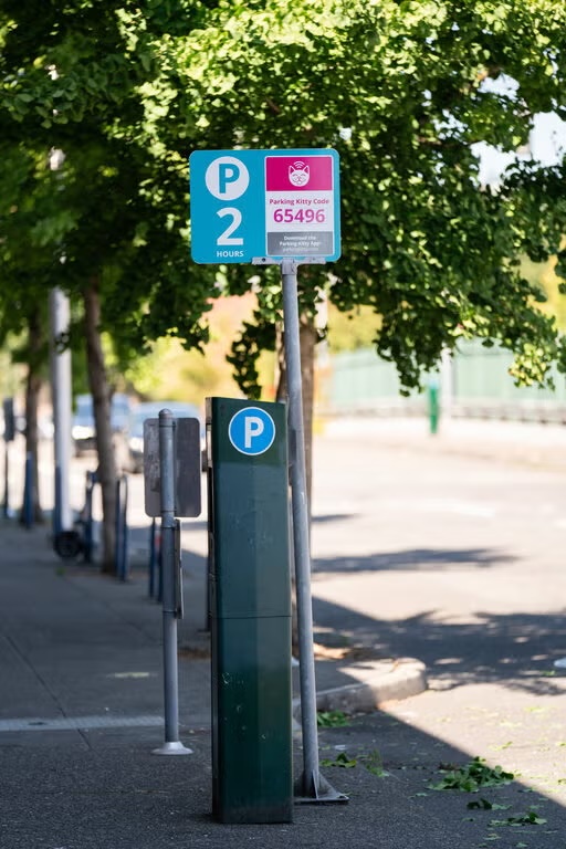 Parking Kitty signs appear in pink and blue near metered street parking.