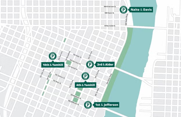 SmartPark garages are located on Naito & Davis, 10th & Yamhill, 3rd & Alder, 4th & Yamhill, and 1st & Jefferson.